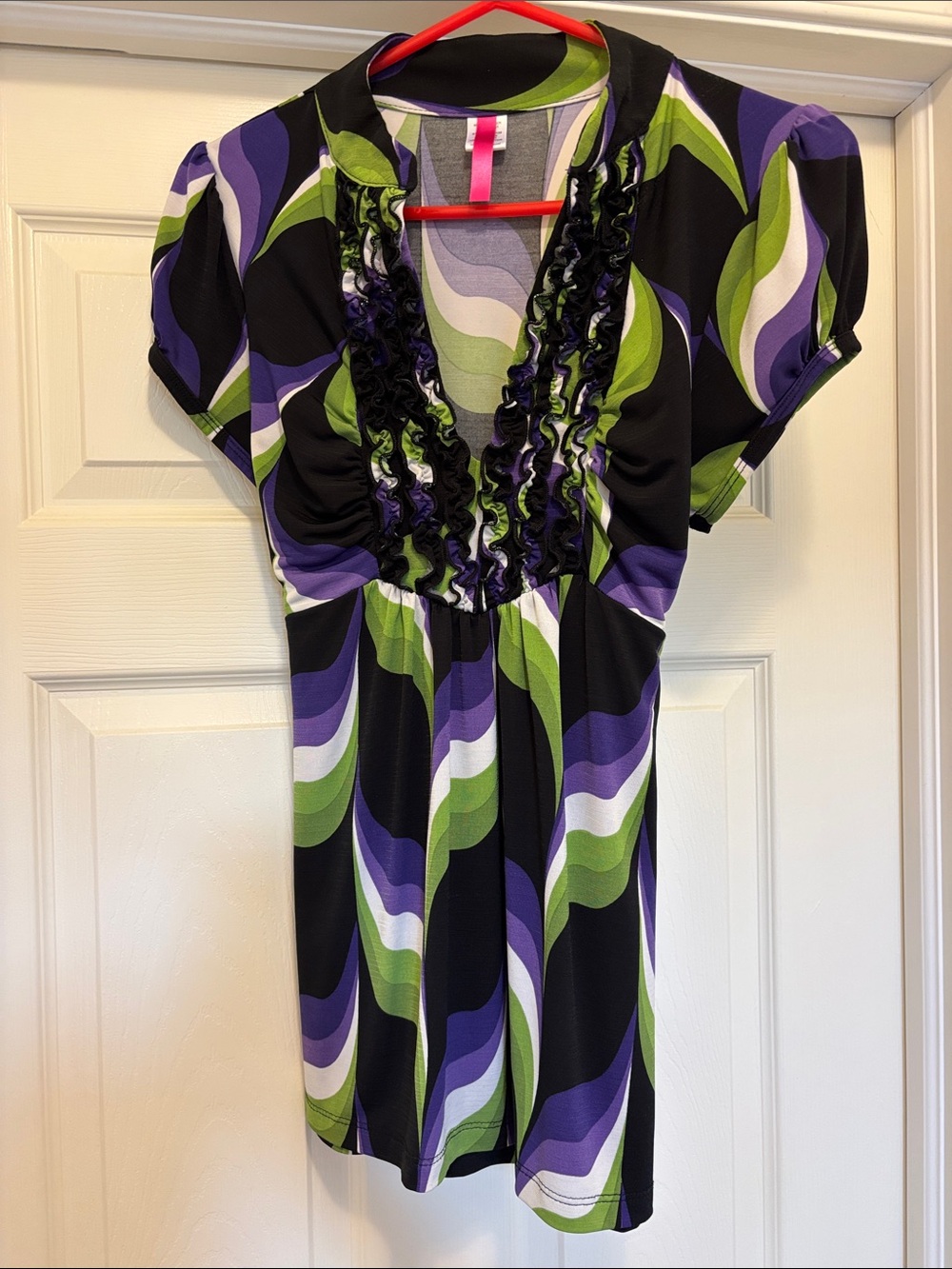 Purple & Green Wave Print Ruffled V-Neck Top